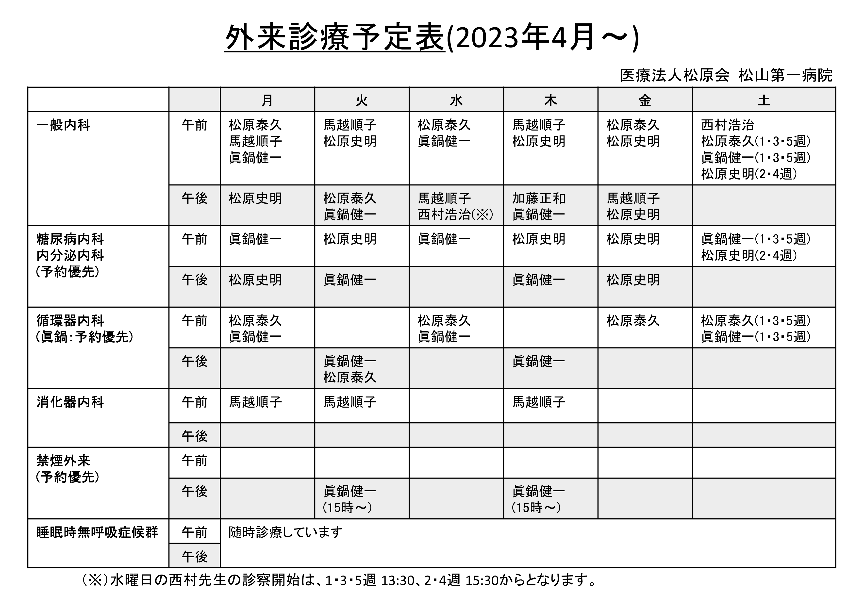 外来診療予定変更のお知らせ(2023年度)